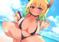 Rule 34 | 1girl, bikini, black bikini, blonde hair, blue sky, bottle, breasts, cleavage, closed mouth, cloud, collarbone, covered erect nipples, day, eyebrows, eyelashes, feet out of frame, female focus, gradient hair, green eyes, green hair, hands up, heterochromia, highres, holding, holding bottle, kobayashi-san chi no maidragon, large breasts, long hair, looking at viewer, lotion, lucoa (maidragon), micro bikini, multicolored hair, naughty face, purple eyes, shinsou komachi, sky, slit pupils, smile, solo, spread legs, squatting, suggestive fluid, sunscreen, swimsuit, two-tone hair