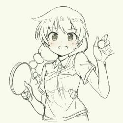 Rule 34 | 1girl, :d, blush, braid, collared shirt, grey background, greyscale, holding, monochrome, open mouth, paddle, pas (paxiti), sasorida sachiko, shakunetsu no takkyuu musume, shirt, short sleeves, simple background, sketch, smile, solo, spot color, table tennis, table tennis paddle, upper body, wing collar