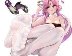 Rule 34 | 1girl, :o, bare shoulders, collarbone, feet, feet up, foot focus, forehead jewel, foreshortening, fu xuan (honkai: star rail), full body, hair ornament, honkai: star rail, honkai (series), kukoi, legs, long hair, looking at viewer, multicolored eyes, pantyhose, parted bangs, parted lips, pink hair, shoes, unworn shoes, sidelocks, simple background, soles, solo, strapless, toes, white background, white pantyhose, yellow eyes
