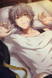 Rule 34 | 1boy, bandaged arm, bandaged fingers, bandages, bandaid, bandaid on face, bandaid on neck, bed, black jacket, caelus (honkai: star rail), collarbone, commentary, fingernails, grey hair, hair between eyes, hands up, honkai: star rail, honkai (series), indoors, jacket, looking at viewer, lying, male focus, on back, pillow, rune (rne at), shadow, shirt, short hair, short sleeves, solo, symbol-only commentary, t-shirt, teeth, torn clothes, torn shirt, trailblazer (honkai: star rail), unworn jacket, white shirt, yellow eyes
