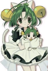Rule 34 | 1girl, animal hat, apron, bell, cat hat, cat tail, chibi, closed mouth, dejiko, di gi charat, feet out of frame, green eyes, green hair, hat, highres, jingle bell, looking at viewer, maid apron, mittens, pepeppepe101, puffy short sleeves, puffy sleeves, scanlines, short hair, short sleeves, simple background, solo, tail, white background, white hat, white mittens, white tail