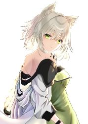 Rule 34 | animal ear fluff, animal ears, arknights, bare back, cat ears, closed mouth, commentary request, dress, eyebrows, from behind, from side, green dress, green eyes, green hair, highres, jacket, kal&#039;tsit (arknights), material growth, medium hair, myudo-0323, off-shoulder jacket, off shoulder, oripathy lesion (arknights), sidelocks, silver hair, simple background, staring, white jacket