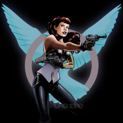 Rule 34 | 1girl, black gloves, brown eyes, brown hair, dc comics, dual wielding, emblem, evelyn crawford, female focus, gloves, gun, halterneck, holding, holster, mcgone, mcguan, pinstripe pattern, ponytail, simple background, sleeveless, solo, starling, starling (dc), striped, tattoo, vest, weapon