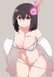 Rule 34 | 1girl, artist request, bikini, black hair, blush, breasts, cleavage, ghost, grey background, highres, hitodama, large breasts, light blush, looking at viewer, medium hair, partially visible vulva, pink eyes, pussy, pussy peek, smile, stomach, swimsuit, tareme, towa rui, towa rui (artist), towa rui channel, undersized clothes, virtual youtuber