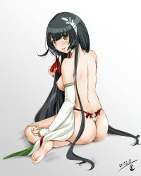 Rule 34 | 10s, 1girl, 2017, ass, barefoot, black hair, breasts, dated, detached sleeves, feet, from behind, grey eyes, hair ribbon, hair tubes, highres, kantai collection, long hair, looking at viewer, medium breasts, mizuho (kancolle), nipples, parted lips, ribbon, sidelocks, sitting, soles, solo, thong, toes, topless, tsukineko, underwear, underwear only, very long hair, wariza