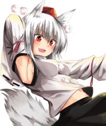 Rule 34 | 1girl, animal ears, armpits, black skirt, detached sleeves, dutch angle, fang, fuussu (21-kazin), hair between eyes, hat, inubashiri momiji, looking at viewer, open mouth, outstretched arm, pom pom (clothes), red eyes, shirt, short hair, simple background, skirt, skirt set, sleeveless, sleeveless shirt, solo, tail, tokin hat, touhou, upper body, wavy mouth, white background, white hair, wide sleeves, wolf ears, wolf tail