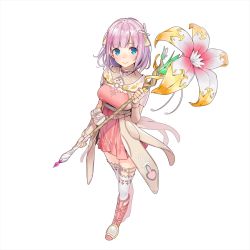 Rule 34 | 1girl, ama mitsuki, blue eyes, boots, fingerless gloves, flower, full body, gloves, holding, miki sauvester, official art, pink hair, sasaoka gungu, short hair, simple background, skirt, smile, solo, staff, star ocean, star ocean anamnesis, star ocean integrity and faithlessness, thighhighs, thighhighs under boots, white background