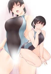 Rule 34 | 1girl, amagami, barefoot, between legs, black hair, breasts, commentary request, competition swimsuit, covered navel, full body, hand between legs, highres, kneeling, looking at viewer, medium breasts, one-piece swimsuit, one eye closed, ponytail, sasaki akira (ugc), solo, swimsuit, tsukahara hibiki