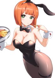 Rule 34 | 1girl, alternate breast size, animal ears, bare shoulders, black bow, black bowtie, black leotard, blunt bangs, blush, bob cut, bow, bowtie, breasts, bright pupils, cleavage, covered navel, detached collar, fake animal ears, food, green eyes, highleg, highleg leotard, highres, large breasts, leotard, looking at viewer, mature female, mcdonald&#039;s, mother (yoru mac), mother (yoru mac), orange hair, pantyhose, pataneet, playboy bunny, rabbit ears, rabbit tail, short hair, simple background, skindentation, solo, strapless, strapless leotard, tail, thigh strap, tray, white background, white pupils, wrist cuffs, yoru mac