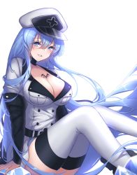Rule 34 | 1girl, akame ga kill!, belt, blue eyes, blue hair, blush, boots, breasts, chest tattoo, choker, cleavage, commentary request, esdeath, hair between eyes, hat, highres, ice, large breasts, long hair, looking at viewer, military, military uniform, mole, mole under eye, open mouth, peaked cap, simple background, smile, solo, tattoo, thigh boots, thighhighs, tofu fufu, uniform, very long hair, white background