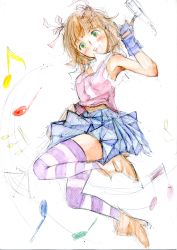 Rule 34 | 1girl, amami haruka, bad id, bad pixiv id, brown hair, fingerless gloves, gloves, green eyes, highres, ice2002, idolmaster, idolmaster (classic), musical note, open mouth, smile, solo, striped clothes, striped thighhighs, thighhighs, traditional media