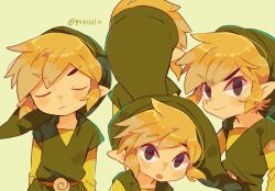Rule 34 | 1boy, artist name, belt, black eyes, blonde hair, blush, boots, brown belt, brown footwear, closed eyes, closed mouth, commentary request, expressionless, green background, green headwear, green shirt, green tunic, grin, hair between eyes, hat, highres, link, long sleeves, looking at viewer, looking back, male focus, multiple views, nintendo, pointy ears, shirt, short hair, sidelocks, simple background, sitting, smile, teeth, the legend of zelda, the legend of zelda: spirit tracks, the legend of zelda: the wind waker, tokuura, toon link, tunic, twitter username, u u, v-shaped eyebrows