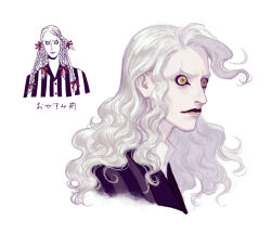 Rule 34 | 1boy, bella scottland, braid, closed mouth, formal, hinrigh biganduffno, hunter x hunter, lipstick, long hair, looking at viewer, looking to the side, makeup, male focus, multiple braids, multiple views, striped suit, suit, white hair, yellow eyes