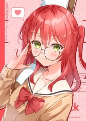 Rule 34 | 1girl, adjusting eyewear, blush, bocchi the rock!, bow, bowtie, brown shirt, character name, closed mouth, collarbone, copyright name, glasses, green eyes, hand up, heart, highres, kikugawa roku, kita ikuyo, light smile, long hair, one side up, red bow, red bowtie, red hair, sailor collar, school uniform, shirt, shuka high school uniform, solo, spoken heart, upper body, white sailor collar