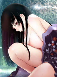 Rule 34 | 1girl, black hair, blunt bangs, blush, breasts, commentary request, enma ai, hime cut, japanese clothes, jigoku shoujo, kimono, kozue akari, large breasts, naked kimono, nipples, off shoulder, open clothes, open kimono, parted lips, red eyes, solo, wet, wet hair