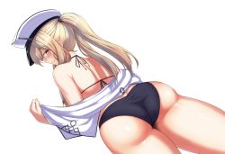 Rule 34 | 1girl, ass, bikini, black bikini, blue eyes, blush, breasts, capelet, dutch angle, from behind, graf zeppelin (kancolle), graphite (medium), hat, highres, kantai collection, large breasts, long hair, looking at viewer, looking back, mechanical pencil, parted lips, peaked cap, pencil, sidelocks, simple background, solo, swimsuit, traditional media, twintails, utsumi karmin, white background, white hat