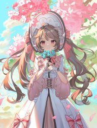 Rule 34 | 1girl, absurdres, ahoge, al guang, ambience synesthesia, animal ears, arknights, blush, brown hair, dress, eyjafjalla (arknights), flower, gloves, hair ornament, hat, highres, holding, horns, lolita fashion, long hair, looking at viewer, outdoors, petals, pink flower, red eyes, ribbon, sheep ears, sheep girl, sheep horns, smile, sweet lolita, twintails