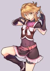 Rule 34 | 1girl, absurdres, black gloves, bow, brooch, brown eyes, brown hair, clenched hand, covered navel, cure black, fingerless gloves, frills, futari wa precure, gloves, grey background, hair between eyes, heart, heart brooch, highres, huai diao de zongzi, jewelry, leg up, medium hair, misumi nagisa, open mouth, precure, simple background, solo, stance