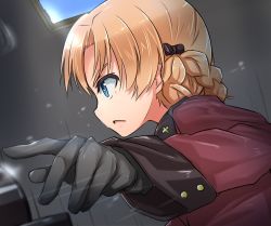 Rule 34 | 10s, 1girl, black bow, black gloves, blue eyes, blurry, bow, braid, depth of field, epaulettes, from side, girls und panzer, gloves, hair bow, jacket, kitayama miuki, long sleeves, military, military uniform, motion blur, orange hair, orange pekoe (girls und panzer), parted lips, red jacket, serious, short hair, solo, st. gloriana&#039;s military uniform, twin braids, uniform, upper body