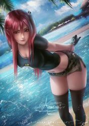 Rule 34 | axsen, beach, black shirt, black thighhighs, blouse, breasts, camouflage, cleavage, day, dead or alive, dead or alive 5, dead or alive 6, dead or alive xtreme, gloves, hair ornament, highres, honoka (doa), large breasts, microskirt, ocean, one side up, outdoors, pink hair, red eyes, red hair, shirt, skirt, skull hair ornament, skull print, solo, standing, t-shirt, tecmo, thighhighs