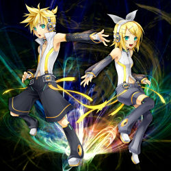 Rule 34 | 1boy, 1girl, aqua eyes, arm warmers, bad id, bad pixiv id, blonde hair, brother and sister, detached sleeves, fingerless gloves, gloves, hair ornament, hair ribbon, hairclip, headphones, highres, kagamine len, kagamine len (append), kagamine rin, kagamine rin (append), leg warmers, navel, ribbon, short hair, shorts, siblings, smile, twins, ueno tsuki, vocaloid, vocaloid append
