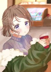 Rule 34 | 1girl, :o, absurdres, arms up, bad id, bad pixiv id, blurry, blurry background, blush, brown hair, buntason (buritarooooo), coat, commentary request, cup, depth of field, display case, disposable cup, green coat, hair ornament, hairclip, half updo, head tilt, highres, holding, holding cup, indoors, light particles, long sleeves, looking at viewer, off shoulder, original, purple eyes, purple sweater, restaurant, ribbed sweater, short hair, solo, sweater, swept bangs, winter clothes, winter coat