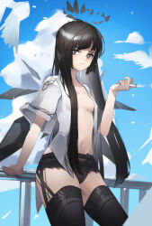 Rule 34 | 1girl, absurdres, arknights, black hair, black panties, black thighhighs, blue sky, bright pupils, cigarette, cloud, commentary, day, grey eyes, hand up, highres, holding, holding cigarette, long hair, looking at viewer, navel, no bra, open clothes, open shirt, panties, plabit, railing, shirt, sky, solo, stomach, thighhighs, thighs, underwear, very long hair, virtuosa (arknights), white pupils, white shirt
