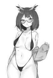 Rule 34 | 1girl, areola slip, arknights, bare shoulders, bikini, blush, breasts, closed mouth, collarbone, commentary, cowboy shot, feather hair, glasses, greyscale, highres, large breasts, long sleeves, monochrome, navel, otsumami (02mami), parted lips, semi-rimless eyewear, short hair, silence (arknights), simple background, sleeves past wrists, solo, stomach, swimsuit, thigh gap, under-rim eyewear, white background