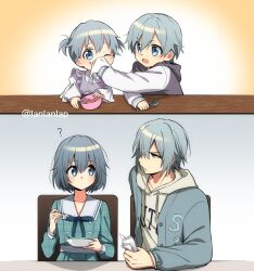 Rule 34 | 1boy, 1girl, ?, age comparison, bowl, brother and sister, child, commentary request, dress, food, food on face, frown, grey eyes, grey hair, grey jacket, holding, holding spoon, hood, hoodie, idolish7, jacket, lanlanlap, medium hair, napkin, open mouth, sailor dress, short twintails, siblings, spoon, twintails, twitter username, white hoodie, wiping mouth, yotsuba aya, yotsuba tamaki