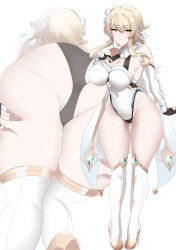 Rule 34 | 1girl, absurdres, ass, bare shoulders, blonde hair, blush, breasts, cleavage, covered navel, detached sleeves, feather hair ornament, feathers, flower, full body, genshin impact, hair flower, hair ornament, highleg, highleg leotard, highres, kyle (kysizzle), large breasts, leotard, looking at viewer, lumine (genshin impact), medium hair, multiple views, scarf, sidelocks, thick thighs, thighhighs, thighs, white leotard, white scarf, white thighhighs, yellow eyes