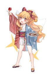 Rule 34 | + +, 1girl, :d, absurdres, adapted costume, american flag kimono, american flag print, arm up, blonde hair, blush, brown footwear, candy apple, chopsticks, clownpiece, commentary request, container, fairy wings, fang, food, full body, hair ribbon, haori, highres, holding, holding food, japanese clothes, kimono, long hair, looking at viewer, no headwear, obi, open mouth, pink eyes, polka dot, polka dot ribbon, print kimono, purple ribbon, purple sash, ribbon, sandals, sash, shan, short kimono, simple background, smile, solo, standing, thighs, touhou, v, very long hair, wavy hair, white background, white kimono, wings