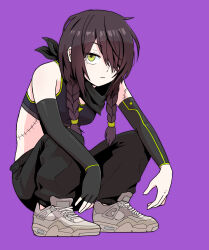 Rule 34 | 1girl, black hair, black pants, braid, breasts, crop top, detached sleeves, expressionless, fingerless gloves, full body, girls&#039; frontline, gloves, green eyes, hair over one eye, highres, long hair, looking at viewer, mac-10 (girls&#039; frontline), pants, purple background, shoes, single glove, slav squatting, small breasts, sneakers, solo, squatting, stitched arm, stitched torso, stitches, twin braids, white footwear, zukzuk13