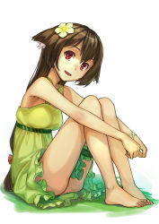 Rule 34 | 1girl, absurdres, animal ears, barefoot, brown hair, clothes between thighs, dress, feet, flower, full body, green dress, hair flower, hair ornament, highres, jinyuan712, legs together, long hair, looking at viewer, original, red eyes, simple background, sitting, solo, white background