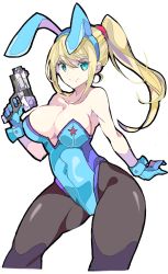 Rule 34 | 1girl, adapted costume, animal ears, black pantyhose, blonde hair, blue eyes, blush, bodysuit, breasts, cleavage, cowboy shot, detached collar, enpe, fake animal ears, finger on trigger, from side, hair between eyes, highres, large breasts, legs apart, leotard, long hair, looking at viewer, metroid, navel, nintendo, open mouth, pantyhose, playboy bunny, ponytail, rabbit ears, rabbit tail, samus aran, simple background, skin tight, smile, solo, standing, tail, thighs, white background, wrist cuffs, zero suit