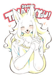 Rule 34 | 1girl, ^ ^, animal ears, blush, body fur, breasts, closed eyes, commentary request, fangs, fox, fox ears, fox girl, furry, furry female, heart, huge breasts, kishibe, long hair, open mouth, original, smile, solo, thank you, white background, white fur, white hair