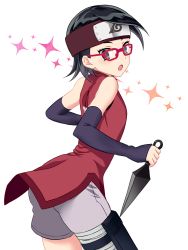 Rule 34 | 1girl, artist request, black hair, boruto: the movie, detached sleeves, forehead protector, glasses, holster, kunai, looking back, naruto, naruto (series), open mouth, shorts, solo, thigh holster, uchiha sarada, weapon