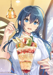 Rule 34 | 1girl, :d, ahoge, blue eyes, blue hair, bow, bowtie, breasts, commentary request, cup, hair between eyes, long hair, open mouth, original, parfait, school uniform, smile, solo, spoon, tan (tangent)