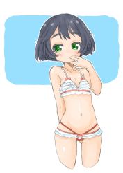 Rule 34 | 10s, 1girl, alternate eye color, arm behind back, bikini, black hair, bow, bow bikini, commentary request, cowboy shot, cropped legs, ehime (ehime mikan), frilled bikini, frills, girls und panzer, gluteal fold, green eyes, hand to own mouth, highres, looking at viewer, navel, short hair, skindentation, solo, standing, swimsuit, utsugi yuuki, white background, white bikini