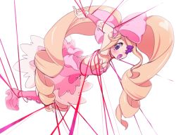 Rule 34 | 10s, 1girl, bad id, bad pixiv id, bare back, bdsm, big hair, blonde hair, blush, bondage, boots, bound, bow, danran, dress, drill hair, earrings, eyepatch, full body, hair bow, harime nui, heart, jewelry, kill la kill, life fiber, long hair, open mouth, pink bow, pink footwear, purple eyes, solo, strapless, strapless dress, string, string of fate, twin drills, twintails, white background, wrist cuffs