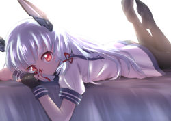 Rule 34 | 10s, 1girl, black gloves, caibao return, fingerless gloves, gloves, hair ribbon, headgear, kantai collection, long hair, looking at viewer, lying, murakumo (kancolle), on stomach, pantyhose, red eyes, ribbon, school uniform, simple background, solo, white hair