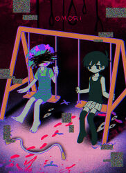 Rule 34 | 2boys, antenna hair, aqua hair, aqua overalls, arm at side, bare arms, barefoot, basil (headspace) (omori), basil (omori), black eyes, black hair, black socks, black tank top, blood, buttons, child, chromatic aberration, closed mouth, collarbone, collared shirt, colored skin, copyright name, facing another, film grain, full body, glitch, green shirt, head wreath, highres, holding, jump rope, kneehighs, menma (enaic31), multiple boys, no pupils, no shoes, noose, omori, omori (omori), open mouth, outdoors, overall shorts, overalls, red sky, retro artstyle, shirt, short hair, short sleeves, shorts, sitting, sky, sleeveless, smile, socks, something (omori), spoilers, striped clothes, striped shorts, swing set, tank top, vertical-striped clothes, vertical-striped shorts, white shorts, white skin