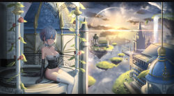 Rule 34 | 10s, 1girl, adapted costume, arm support, arms at sides, balcony, bare shoulders, black gloves, blue eyes, blue hair, blunt bangs, bottomless, breasts, building, bustier, castle, choker, cleavage, cloud, cloudy sky, corset, dome, elbow gloves, evening, fantasy, floating island, flower, frilled choker, frills, from side, gloves, grass, groin, hair ornament, hair ribbon, highres, hk (hk), ironwork, landscape, legs together, letterboxed, looking at viewer, matching hair/eyes, medium breasts, pillar, plant, railing, re:zero kara hajimeru isekai seikatsu, rem (re:zero), ribbon, scenery, short hair, sitting, sky, solo, spire, strapless, sun, sunlight, thighhighs, thighs, vines, water, waterfall, white thighhighs