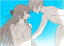 Rule 34 | 1boy, 1girl, 5574iahu, border, facing another, glasses, hair ribbon, half updo, jewelry, kuze tsugumi, light blue background, long hair, looking at another, necklace, nil admirari no tenbin, open mouth, parted lips, pearl necklace, ribbon, shell, shell bikini, short hair, topless male, ukai shougo, white border