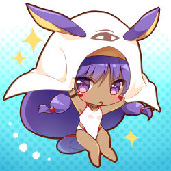 Rule 34 | 1girl, animal ears, bare legs, barefoot, blue background, blush, breasts, casual one-piece swimsuit, chibi, commentary request, competition swimsuit, dark-skinned female, dark skin, ears through headwear, egyptian, facial mark, fate/grand order, fate (series), gradient background, hair between eyes, hands up, highres, holding, jackal ears, long hair, natsuki marina, nitocris (fate), nitocris (fate/grand order), nitocris (swimsuit assassin) (fate), nitocris (swimsuit assassin) (second ascension) (fate), one-piece swimsuit, polka dot, polka dot background, purple eyes, purple hair, small breasts, solo, sparkle, swimsuit, very long hair, white background, white one-piece swimsuit