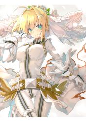 Rule 34 | 1girl, absurdres, ahoge, aqua eyes, belt, blonde hair, bodysuit, breasts, bridal veil, chain, closed mouth, eyebrows, fate/extra, fate/extra ccc, fate (series), flower, full-length zipper, gloves, gluteal fold, green eyes, grey background, hair flower, hair intakes, hair ornament, highres, leg up, lock, long sleeves, looking at viewer, medium breasts, nero claudius (bride) (fate), nero claudius (fate), nero claudius (fate) (all), padlock, scan, simple background, skin tight, smile, solo, thigh gap, veil, white bodysuit, white flower, white gloves, wrist cuffs, yano mitsuki (nanairo), zipper