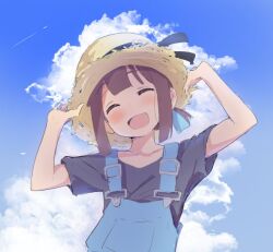Rule 34 | 1girl, :d, ^ ^, black shirt, blue hair, blue sky, blunt bangs, brown hair, child, closed eyes, cloud, commentary, contrail, facing viewer, hands on headwear, hands up, hat, hozuki momiji, light blush, multicolored hair, murairamuraiari, onii-chan wa oshimai!, open mouth, overalls, shirt, short hair, short ponytail, short sleeves, sky, smile, solo, sun hat, two-tone hair, upper body