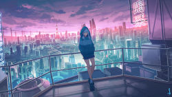 Rule 34 | 1girl, absurdres, against railing, aqua eyes, aqua hair, blue hair, blunt bangs, building, cevio, city, city lights, cloud, hands in pockets, highres, hood, hoodie, kafu (cevio), against railing, light blue eyes, light blue hair, looking to the side, making-of available, neon lights, on roof, outdoors, railing, scenery, shijohane, shoes, shorts, sidelocks, sign, skyscraper, socks, solo, standing, tower, twilight, white socks, wide shot