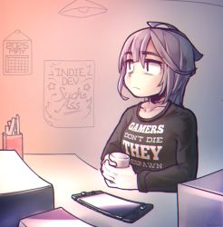 Rule 34 | black hair, coffee, coffee cup, cup, depressed, disposable cup, k.blank, nintendo switch, sad, short hair, tomboy