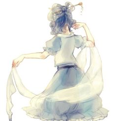 Rule 34 | 1girl, back, bad id, bad twitter id, belt, blue dress, blue hair, dress, from behind, hair ornament, hair rings, hair stick, kaku seiga, puffy sleeves, shawl, short hair, short sleeves, simple background, solo, touhou, vest, white background, yujup
