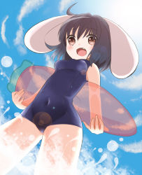 Rule 34 | 1girl, animal ears, bad id, bad pixiv id, black hair, brown eyes, carrot, covered navel, dutch angle, female focus, highres, inaba tewi, one-piece swimsuit, pokachu, rabbit ears, school swimsuit, see-through, short hair, skin tight, solo, swimsuit, touhou, water